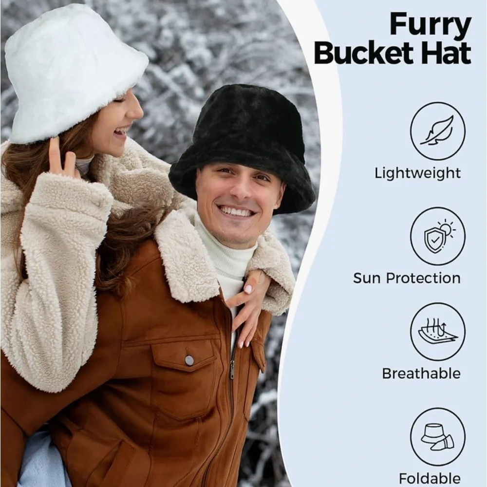 Faux Fur Furry Bucket Hat Winter Warm Unisex Adjustable Lightweight Black
